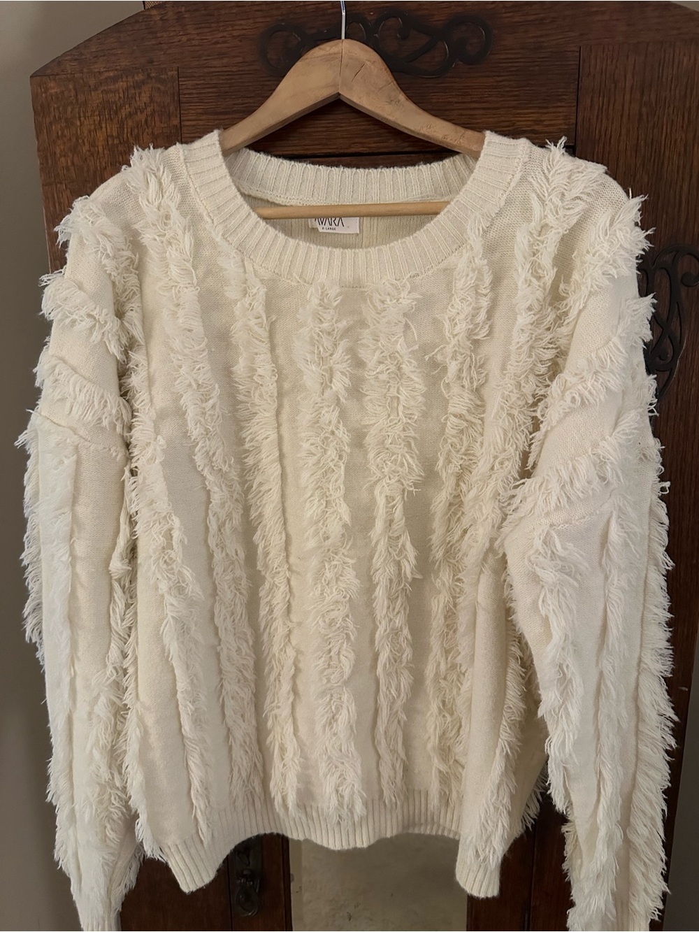 Avara Frayed Cable-Texture Cream Sweater - Size XL Fringe Boho